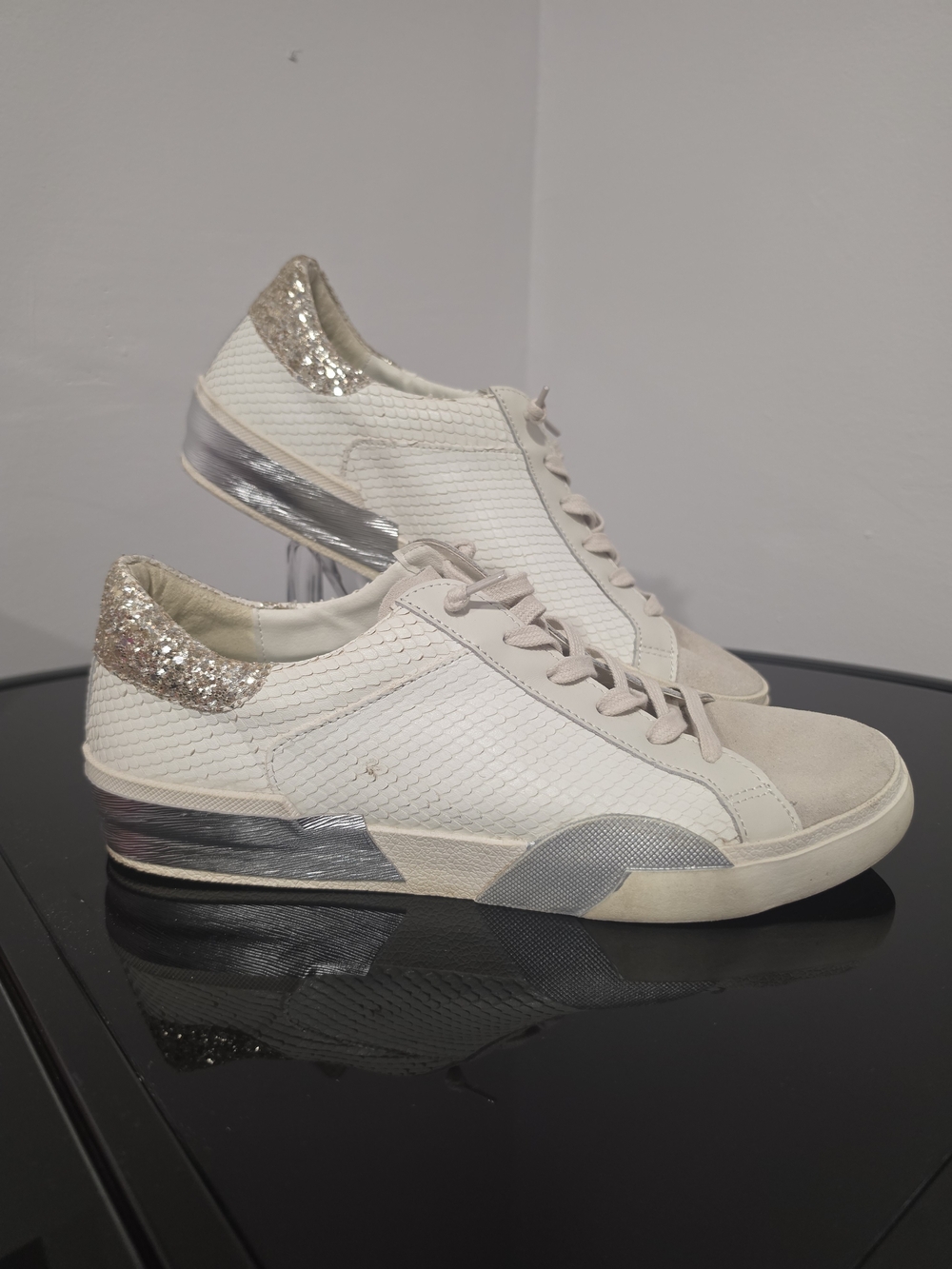 Dolce Vita White Sneakers with Gold Glitter Heel Accents